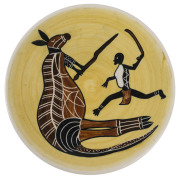 GUY BOYD pottery plaque with kangaroo and Aborigine, incised "Guy Boyd", ​23cm diameter