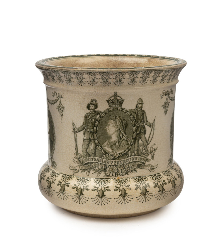 DOULTON BURSLEM "AUSTRALIAN FEDERATION, 1901" commemorative porcelain jardiniere, stamped "Doulton Burslem, England", ​13cm high, 13cm wide