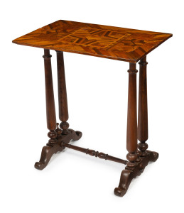 An antique occasional table with inlaid specimen wood top, late 19th century, 73cm high, 68cm wide, 45cm deep