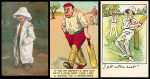 COMIC POSTCARDS: c1903-20s selection of cricketing postcards by various publishers & artists, including Kinsella's set of 6 boy cricketers. Fair/VG.