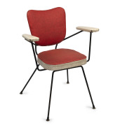 An Australian retro carver chair, original red and white vinyl with iron frame, Melbourne origin, circa 1950s. Part of the original furnishings of Channel 9 Studios, Melbourne. ​61cm across the arms