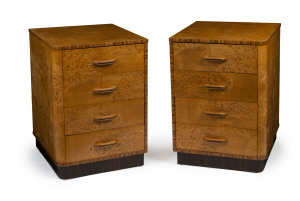 A pair of Australian Art Deco bedside cabinets, birdseye maple and walnut with blackwood handles, circa 1930s, ​80cm high, 56cm wide, 60cm deep