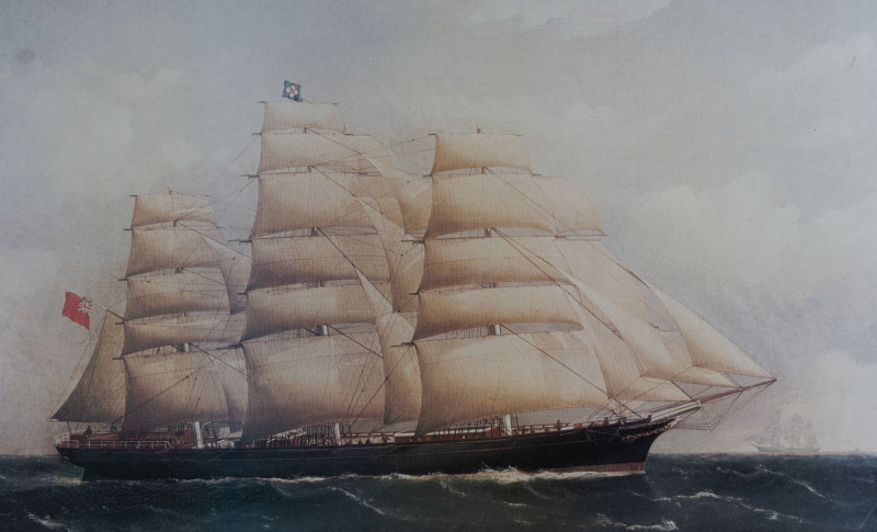 A facsimile print of a clipper ship in Tasmanian huon pine frame, 20th century, 62 x 85cm overall