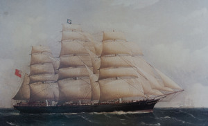 A facsimile print of a clipper ship in Tasmanian huon pine frame, 20th century, 62 x 85cm overall