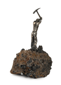 MIKE HAMMOND Australian sterling silver mining statue mounted on mineral specimen, dated maker's plaque on the base circa 1979, ​13cm high