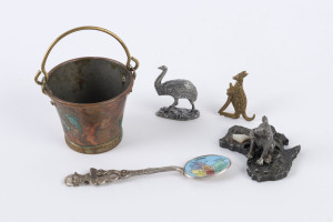 Australiana souvenir ware including kangaroo brooch, emu statue, copper bucket, teaspoon and opal and pewter statue,20th century