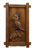 ROBERT PRENZEL palm parrot carved panel, signed and dated lower right "R. Prenzel 1912", 73 x 45cm