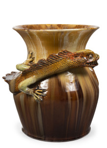 REMUED important and rare pottery vase with applied dragon decoration glazed in brown, green and orange, museum quality trophy piece, undoubtedly the work of Allan James and Castle Harris, incised "Remued Handmade", 28cm high, 27cm wide