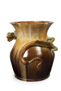 REMUED important and rare pottery vase with applied dragon decoration glazed in brown, green and orange, museum quality trophy piece, undoubtedly the work of Allan James and Castle Harris, incised "Remued Handmade", 28cm high, 27cm wide - 2