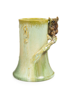 REMUED pottery vase with applied koala and branch on tree stump, incised "Remued 7SB", 17cm high