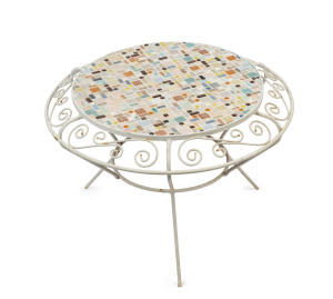 An Australian retro occasional table, white painted iron with coloured tiled top, circa 1950, 40cm high, 58cm diameter