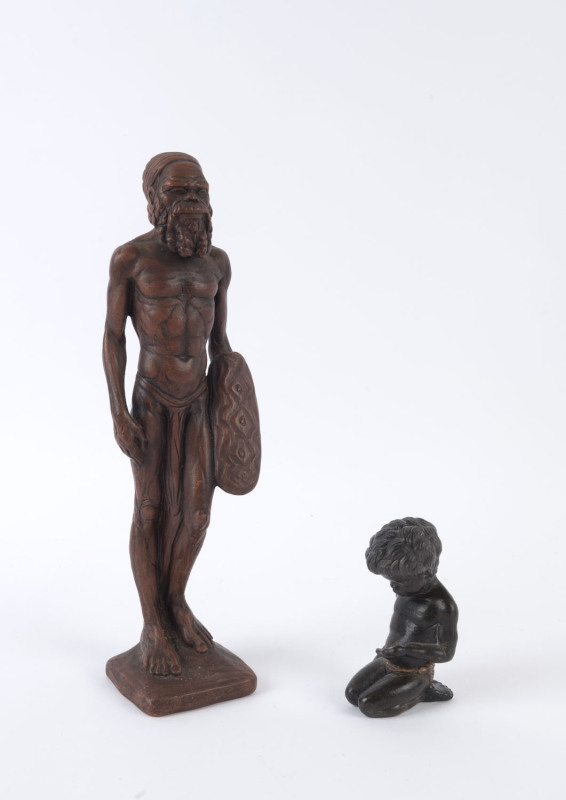 PIETER VAN DER HELDER pottery statues of an Aboriginal elder and a kneeling Aboriginal child, fully signed to the bases, 30cm high and 10.5cm high