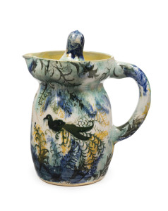 ARTHUR MERRIC BOYD, JOHN PERCEVAL & NEIL DOUGLAS Murrumbeena pottery lidded jug with lyre bird and forest motif, incised "Arthur Merric Boyd, Douglas + Perceval", 17.5cm high