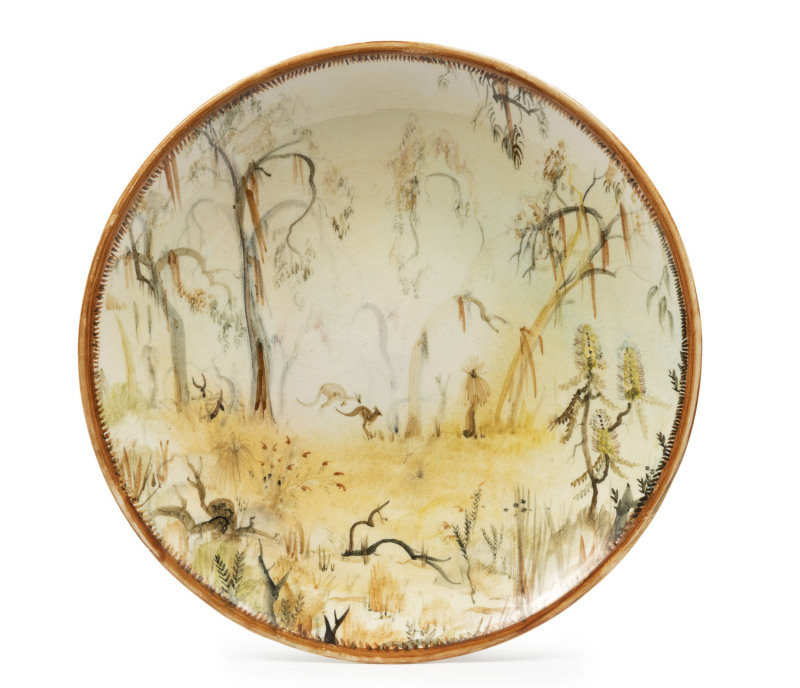 ARTHUR MERRIC BOYD & NEIL DOUGLAS hand-painted pottery plate, titled and signed verso "The Primeval Bush Australia, Ironbark Scrub Tarnagulla, Neil Douglas", incised "Arthur Merric Boyd", 25cm diameter