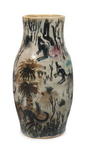 ARTHUR MERRIC BOYD & NEIL DOUGLAS rare pottery vase with kangaroos and emus in Australian bush landscape, incised "A. M. B., Neil Douglas, 1951", ​23.5cm high