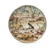 ARTHUR MERRIC & NEIL DOUGLAS hand-painted pottery charger with Aboriginal scene, incised "A. M. Boyd Pottery, Neil Douglas, 1953", 35cm diameter