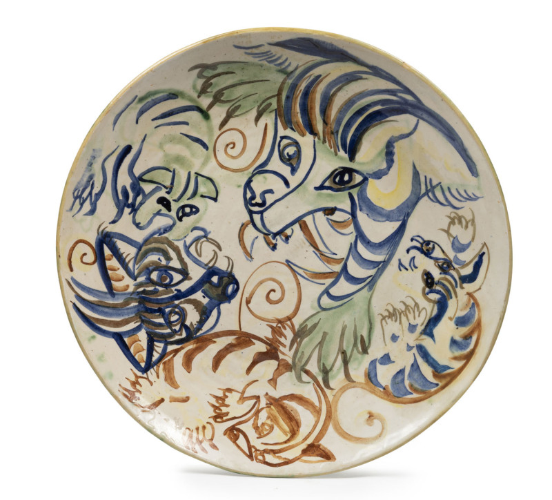 ARTHUR MERRIC BOYD impressive pottery charger with mythical tiger motif, incised "Arthur Merric Boyd '48, AMB", 41.5cm diameter