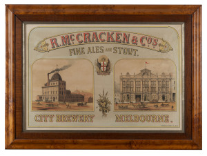 "R. McCRACKEN & Co's, FINE ALES & STOUT. CITY BREWERY MELBOURNE", chromolithograph advertising poster, with architectural vignettes of the city breweries, 19th century, printed by Ferguson & Mitchel Lithographers, Melbourme, in a fine and period huon pine