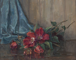 MAUDE E GUM (1885-1973), still life with roses, oil on board, signed lower left "M. E. Gum", 22 x 28cm