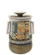 GUS McLAREN tall pottery lidded tig jar decorated with a series of passengers on a train, incised "Gus McLaren '91", 30cm high, 20cm diameter - 2