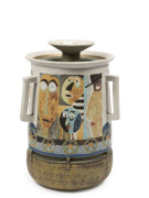 GUS McLAREN tall pottery lidded tig jar decorated with a series of passengers on a train, incised "Gus McLaren '91", 30cm high, 20cm diameter - 3