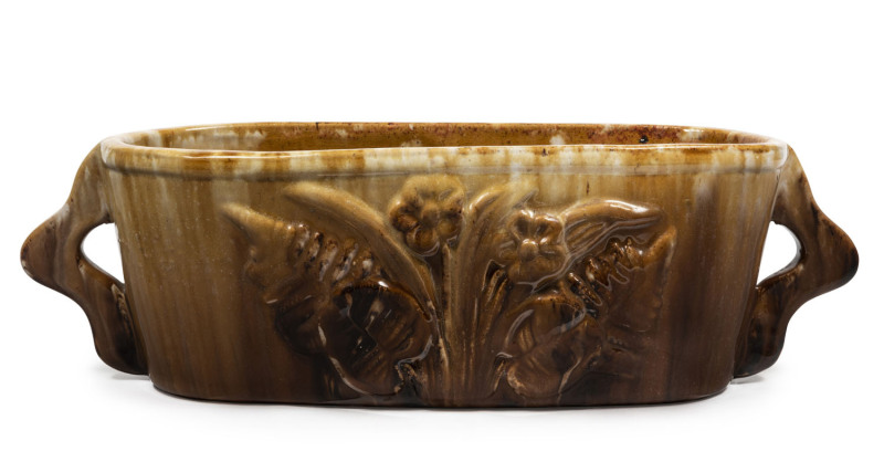 JOHN CAMPBELL brown glazed pottery trough with two handles, incised "John Campbell, Tas", ​11cm high, 35cm across