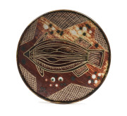 CARL COOPER pottery dish with Aboriginal fish motif, incised "Carl Cooper, Australia, 1953", 11.5cm diameter