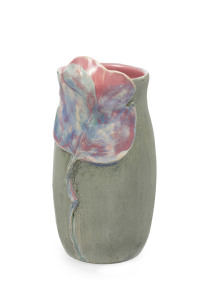 PHILIPPA JAMES pottery vase, grey-green ground with blue and pink applied gum leaf protruding above the rim, pink glaze interior, incised "Philippa James", 16.5cm high