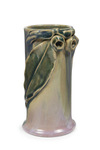 PAMELA cylindrical pottery vase with applied gum nuts and leaf, unusual pink, blue and green glazes, incised "Pamela, Hand Made, 1934", 16.5cm high