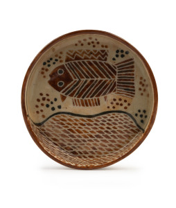 CARL COOPER pottery dish with Aboriginal fish design, incised "Carl Cooper", 10cm diameter
