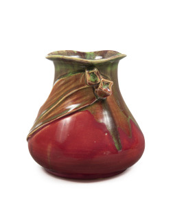 REMUED pottery vase adorned with gum nuts and gum leaf, striking early pink and lime green colourway, incised "Remued", ​13.5cm high, 13cm wide