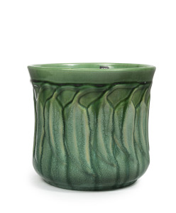 MELROSE WARE green glazed pottery jardiniere with gum leaf decoration, stamped "Melrose Ware, Australian", 17.5cm high, 19.5cm diameter