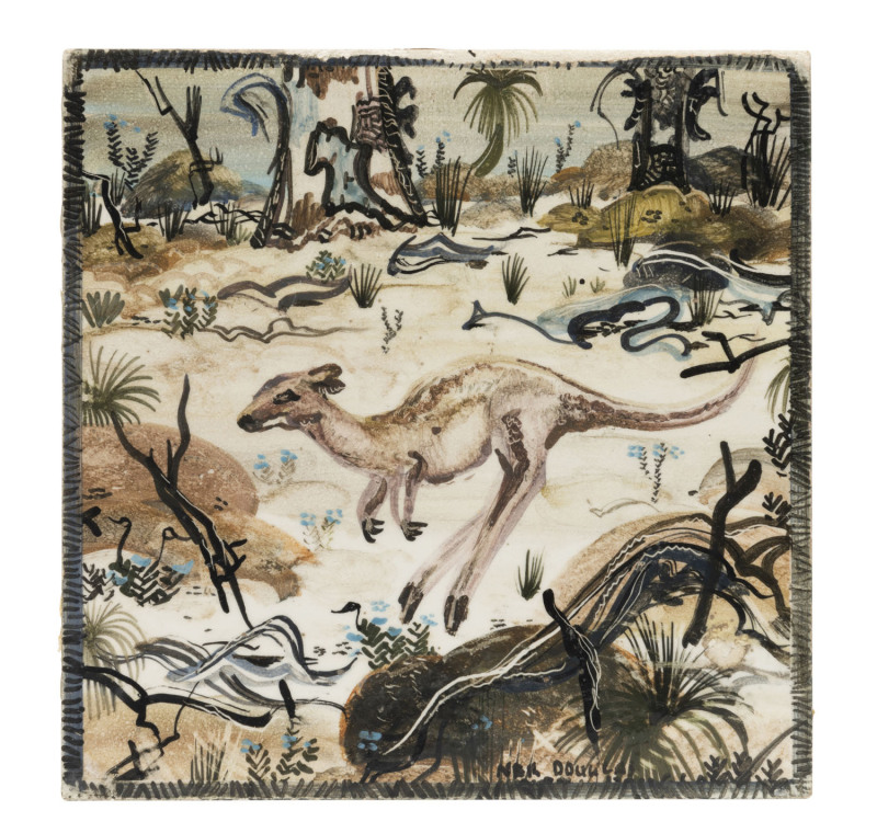 NEIL DOUGLAS hand-painted tile with bounding kangaroo in landscape, signed lower right "Neil Douglas", ​15 x 15cm
