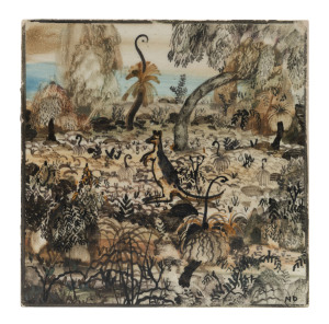 NEIL DOUGLAS hand-painted tile with kangaroo in landscape, signed lower right "N. D.", 15 x 15cm