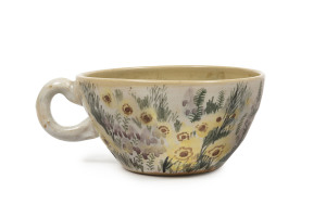 ARTHUR MERRIC BOYD & NEIL DOUGLAS pottery teacup with Australian wildflowers, signed "Neil Douglas", ​6cm high, 14cm wide