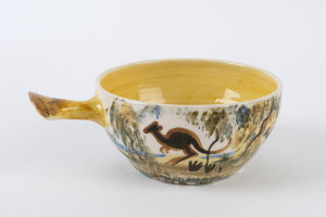 ARTHUR MERRIC BOYD & NEIL DOUGLAS pottery ramekin with kangaroos in landscape, incised "A. M. Boyd", 6cm high, 16cm wide