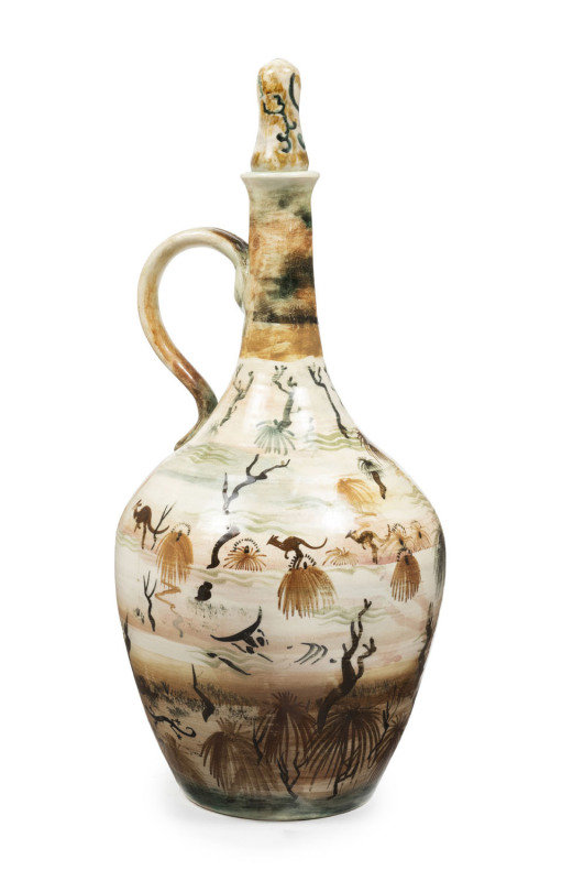 ARTHUR MERRIC BOYD & NEIL DOUGLAS impressive and large lidded carafe, superbly painted with goanna and kangaroos in landscape, a museum quality piece, incised "A. M. Boyd Pottery, Neil Douglas", 41.5cm high