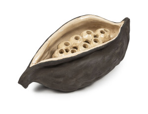 GRACE SECCOMBE rare pottery float bowl with flower aid in the form of an Illawarra flame tree seed pod, incised "Grace Seccombe, N.S.W", 8cm high, 23cm wide