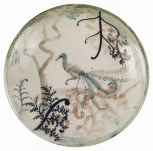ARTHUR MERRIC BOYD & NEIL DOUGLAS pottery dish with lyre bird in bush scene, signed "A. M. B.", 10.5 diameter