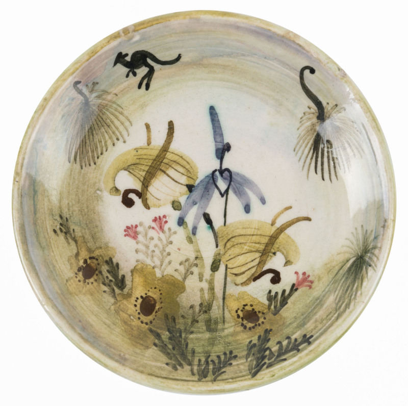 ARTHUR MERRIC BOYD & NEIL DOUGLAS pottery dish with wild orchids and kangaroo, signed "A. M. B., Australia", 10.5 diameter