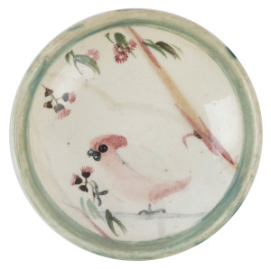 ARTHUR MERRIC BOYD & NEIL DOUGLAS pottery dish with rare galah and gum blossom decoration, signed "Neil Douglas", incised "A. M. Boyd", 10.5 diameter