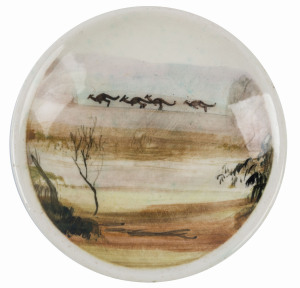 ARTHUR MERRIC BOYD & NEIL DOUGLAS pottery dish with kangaroos in Australian landscape, signed "Early Summer Days, Tarrawingee, Australia, Neil Douglas", incised "A. M. Boyd", 11.5 diameter