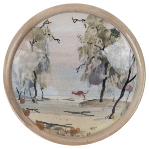 ARTHUR MERRIC BOYD & NEIL DOUGLAS pottery dish with single kangaroo in bush landscape, signed "Neil Douglas", incised "A. M. B", 10.5 diameter