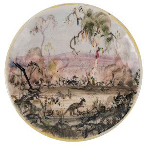ARTHUR MERRIC BOYD & NEIL DOUGLAS pottery dish with single kangaroo in outback landscape, signed "Neil Douglas, Beyond the Last Fence, Jindabadgerie Scrubs, Yillyalla Range, Australia", ​13cm diameter