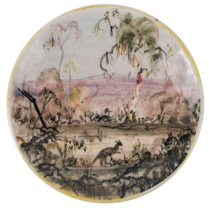 ARTHUR MERRIC BOYD & NEIL DOUGLAS pottery dish with single kangaroo in outback landscape, signed "Neil Douglas, Beyond the Last Fence, Jindabadgerie Scrubs, Yillyalla Range, Australia", 13cm diameter