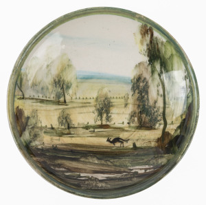 ARTHUR MERRIC BOYD & NEIL DOUGLAS pottery dish with single kangaroo in farm landscape, incised "A. M. Boyd", ​12cm diameter