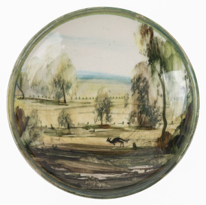 ARTHUR MERRIC BOYD & NEIL DOUGLAS pottery dish with single kangaroo in farm landscape, incised "A. M. Boyd", 12cm diameter