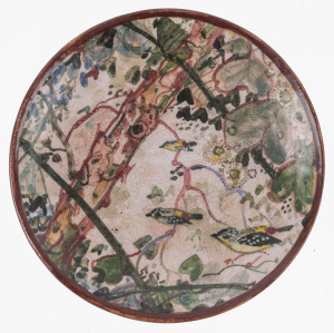 NEIL DOUGLAS (attributed) pottery dish decorated with birds and gum blossoms, signature illegible, 12.5cm diameter