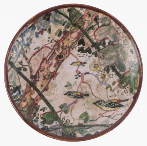 NEIL DOUGLAS (attributed) pottery dish decorated with birds and gum blossoms, signature illegible, ​12.5cm diameter