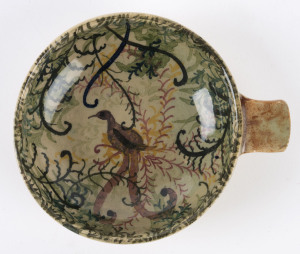 ARTHUR MERRIC BOYD & NEIL DOUGLAS pottery ramekin with lyre bird decoration on green ground, signed "Neil Douglas, Australia", incised "A. M. B.", 15cm wide